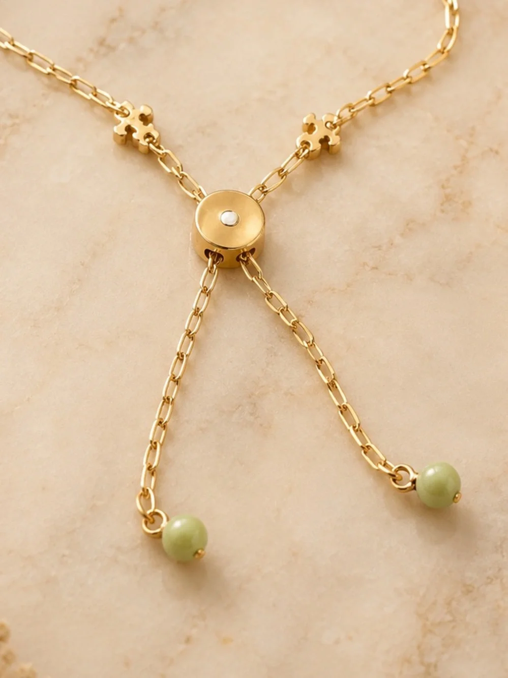 Tory Burch Gold Tone Green Stone Adjustable Chain Bracelet